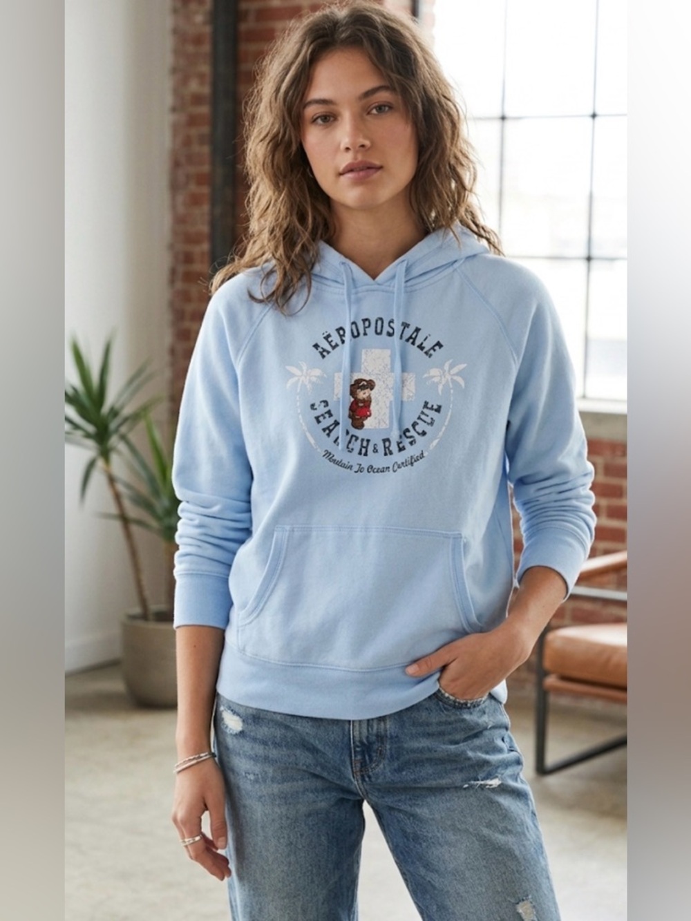 Aeropostale Light Blue M Beach & Rescue' Pullover Hoodie Y2K casual travel